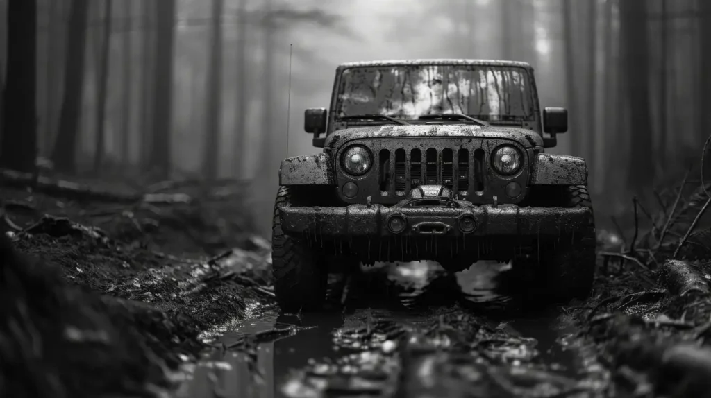 Black and white view of off-road Jeep wrangler death vehicle, lemonlawassit
