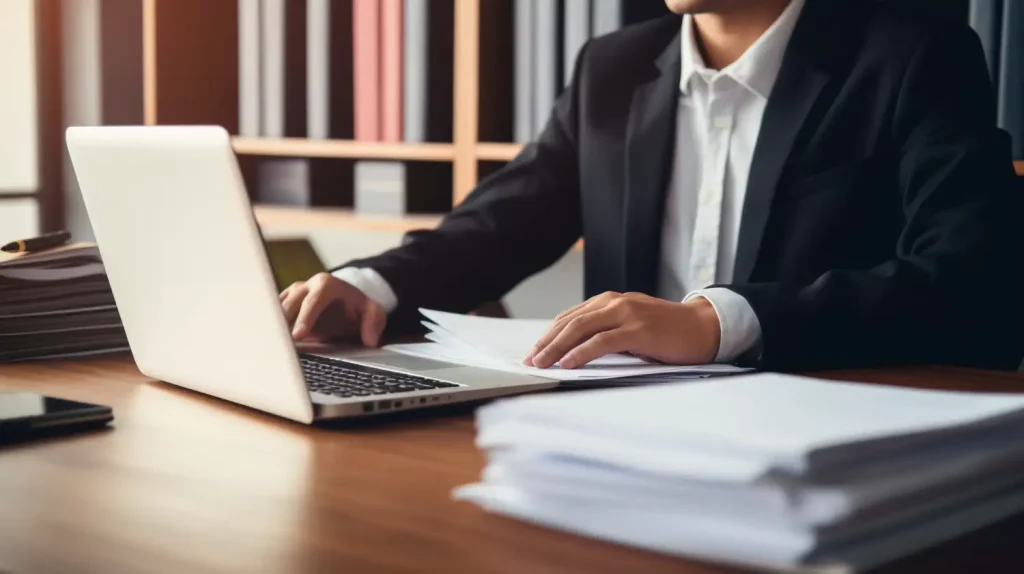 Lawyer working on a laptop with documents on the desk, focusing on paperwork in an office environment, lemonlawassist