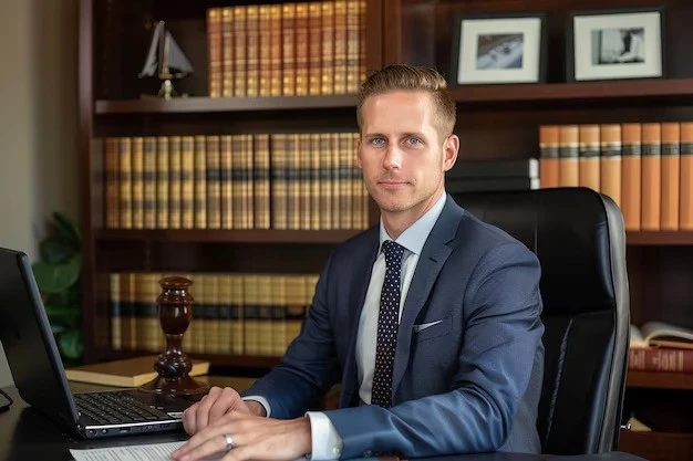 Professional lawyer seated at a desk in a law office, surrounded by legal books, looking confidently at the camera, lemonlawassist
