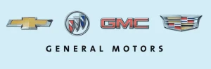Logos of General Motors' brands Chevrolet, Buick, GMC, and Cadillac, displayed above the text 'General Motors' on a light blue background, lemonlawassist