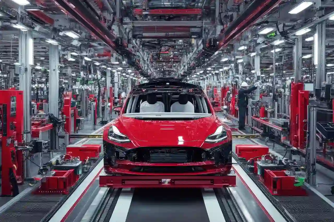 A partially assembled red car on an automated production line in a high-tech factory, surrounded by robotic equipment and workers in safety helmets, lemonlawassist