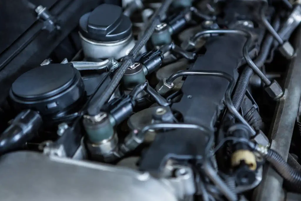Close-up of a car engine showcasing intricate mechanical components, wires, and fuel injectors, lemonlawassist