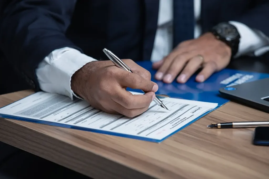Close-up of a man's hand holding a pen while filling out a form on a wooden desk. A blue folder and a fountain pen are placed nearby, lemonlawassist