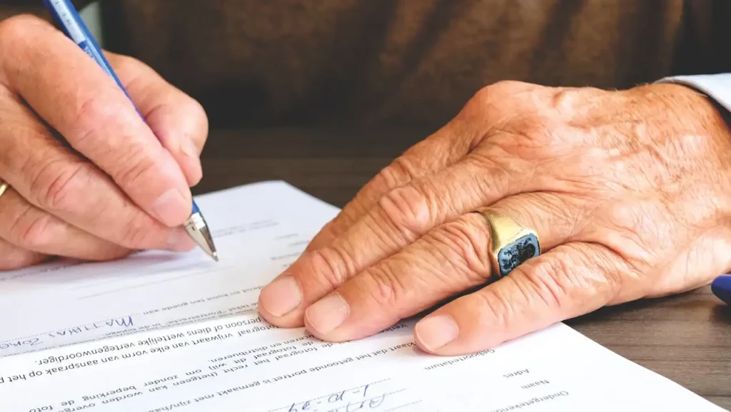 Close-up of an elderly person's hands signing a document with a pen, wearing a gold ring, symbolizing legal or official paperwork completion, lemonlawassist