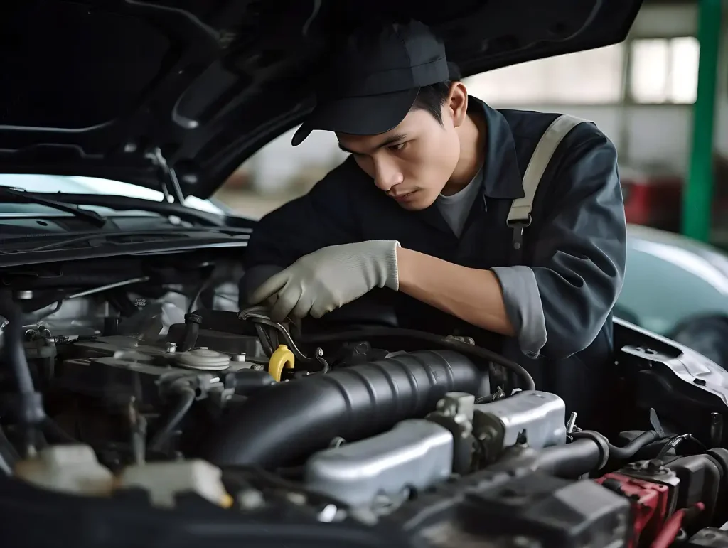 Auto mechanic inspecting a car engine in a repair shop, wearing gloves and a uniform, focused on vehicle maintenance, lemonlawassist