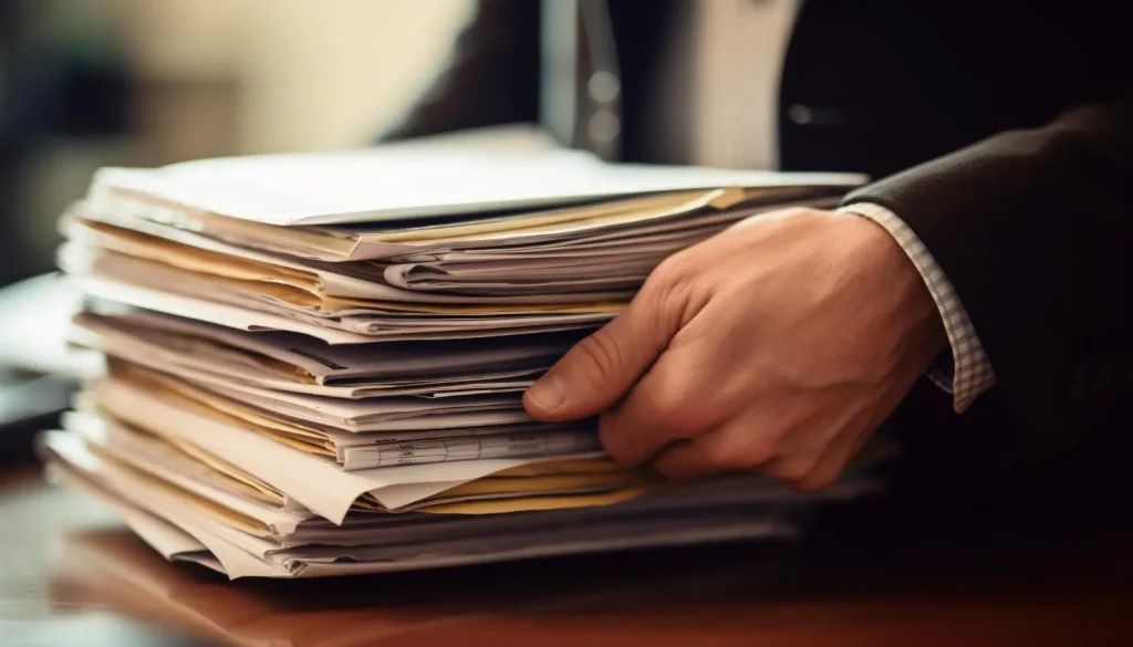 Businessman organizing a large stack of legal or office documents on a desk, lemonlawassist