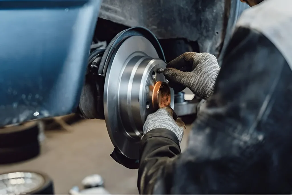 A mechanic's gloved hands working on a car's brake system, symbolizing the persistent repairs often required for a Lemon Law vehicle.